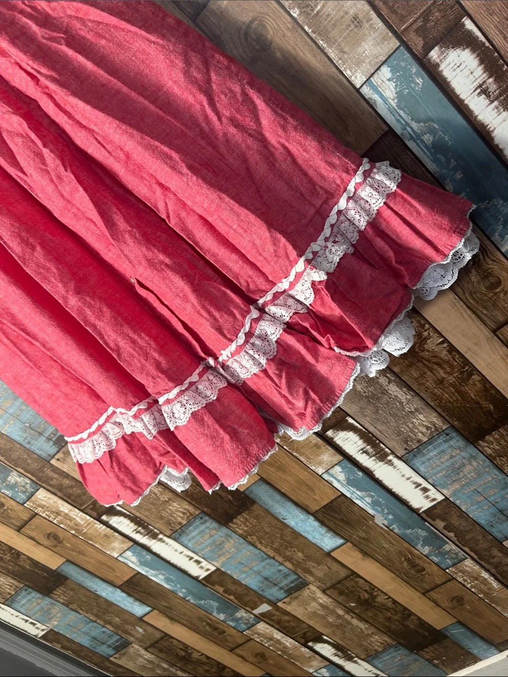 Brand Red Ruffled A-Line Midi Skirt with Lace Trim western - Picture 7 of 16